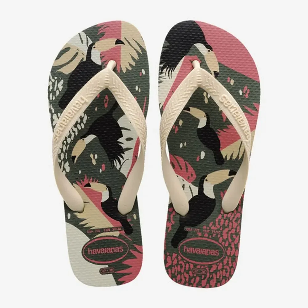 Havaianas Kids Top Tropical Vibes Olive Green Toucan Flip Flops 3/4Y NWT